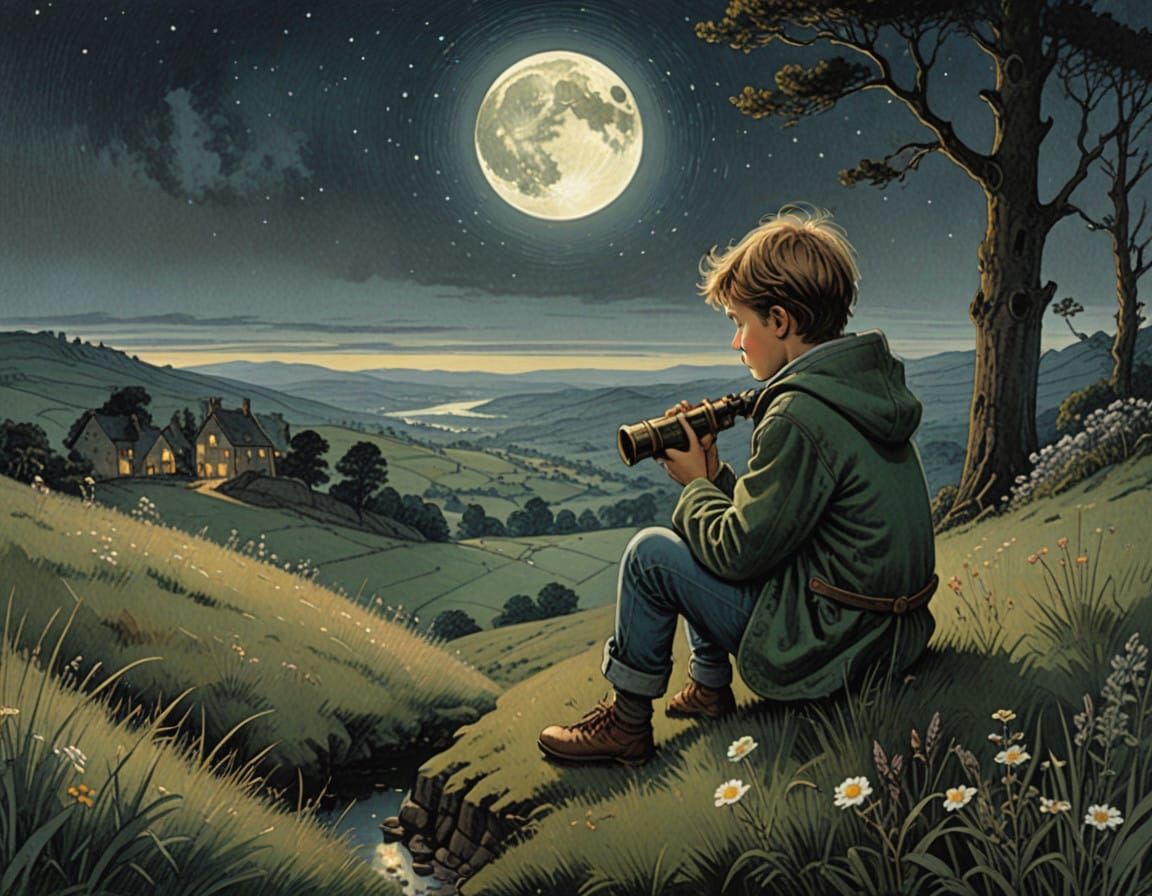 A Curious Child's Nighttime Stargazing Adventure in a Vintag...