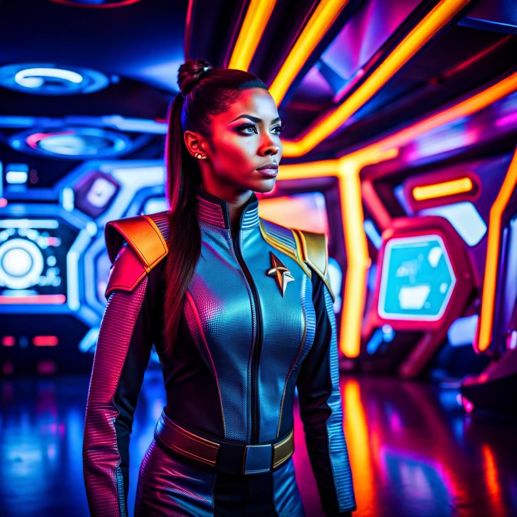 Woman in Star Trek Suit in Neon World