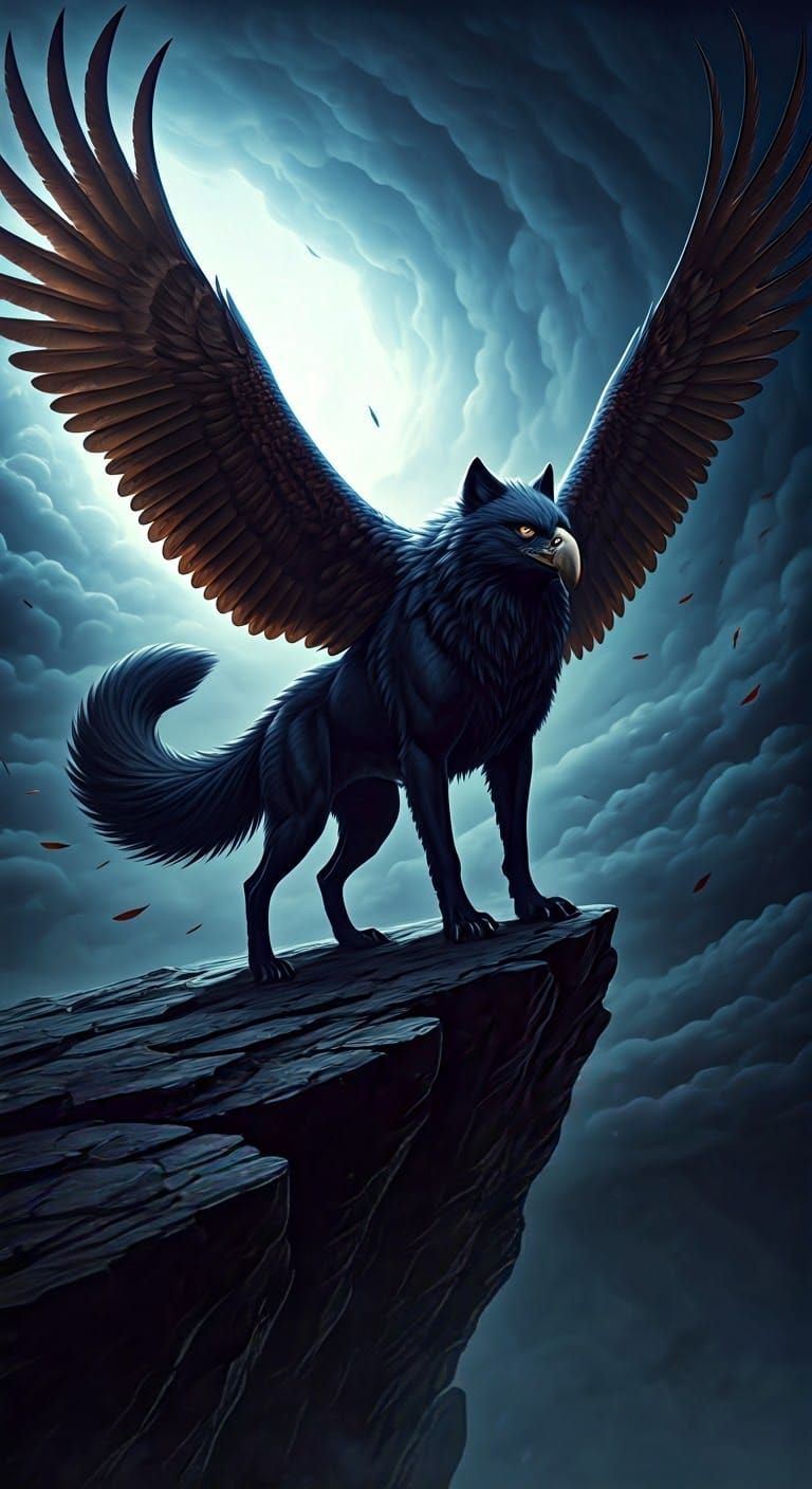 Majestic Wolf-Eagle Hybrid on a Cliffside