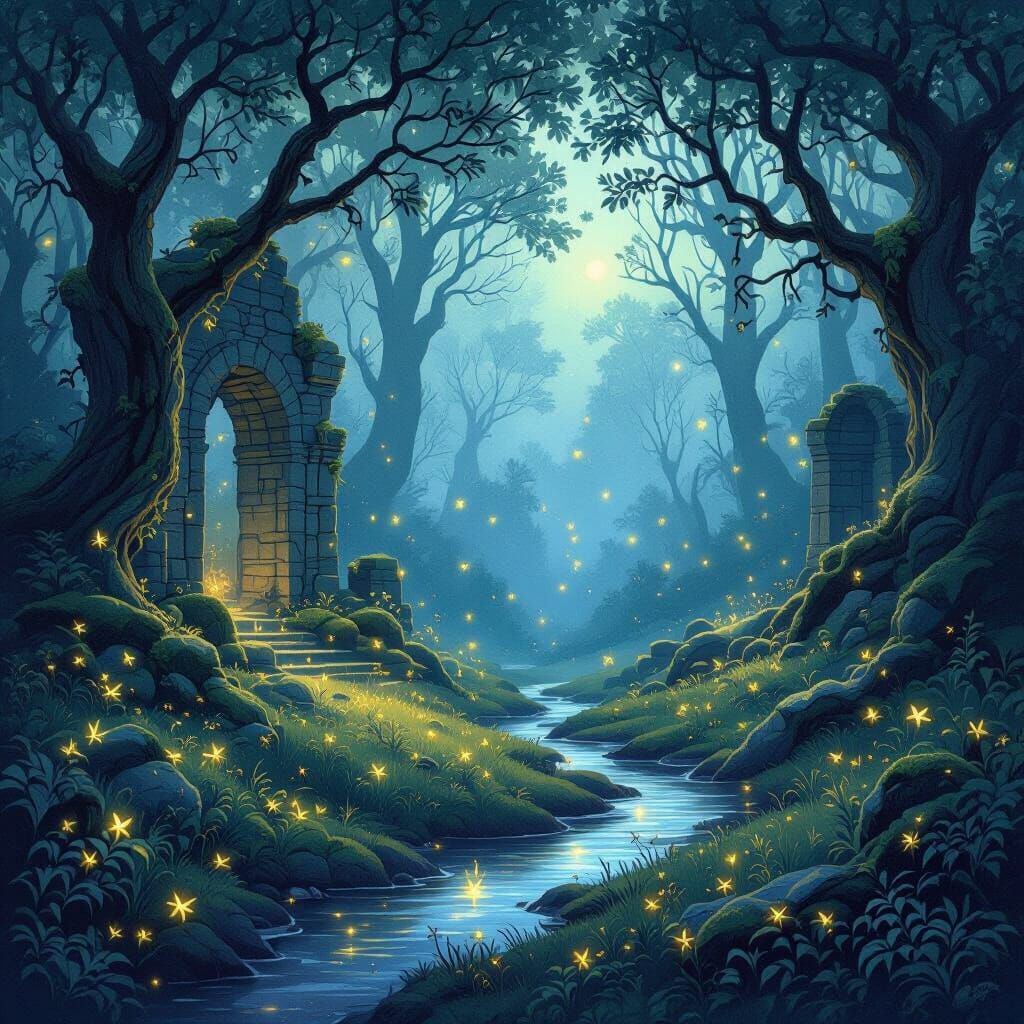 Enchanted Forest Ruins at Twilight With Fireflies