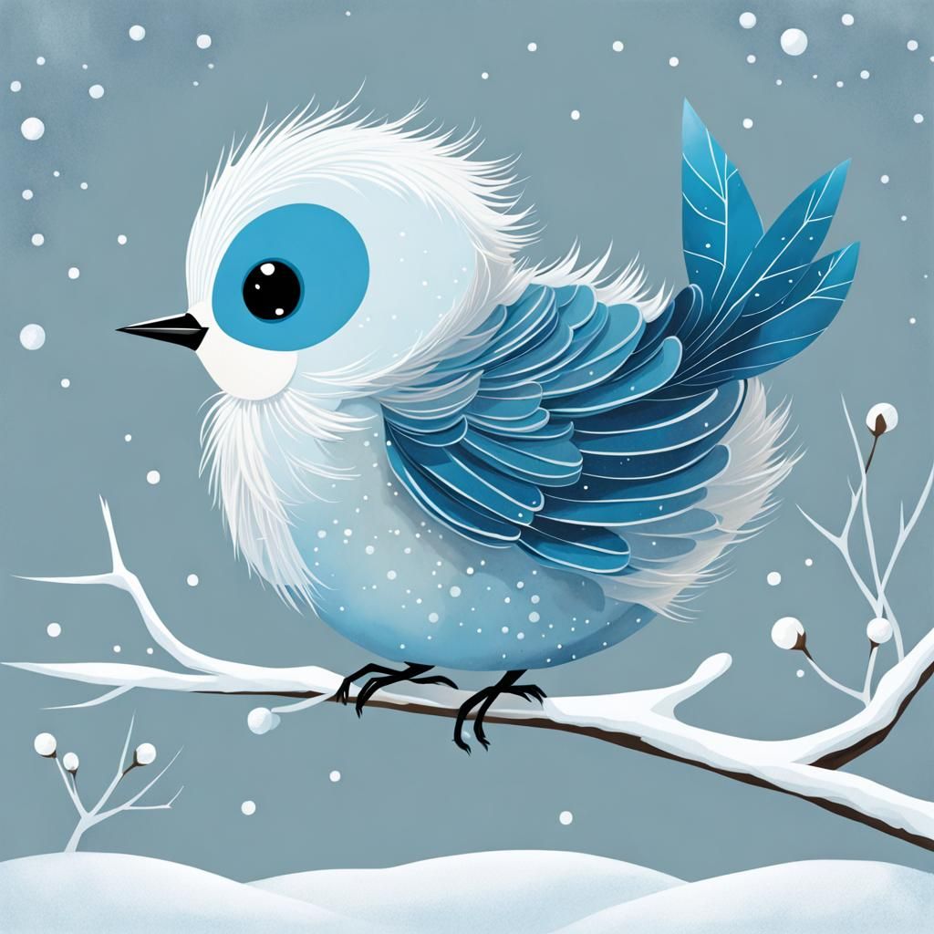 Whimsical Baby Bird Illustration in Snow Frost