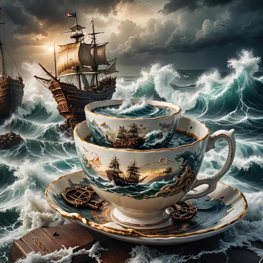 Stormy Ocean in Teacup: Hyperdetailed Nautical Art