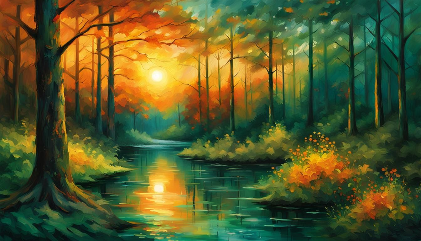 Emerald Forest Sunset: An Impressionist Oil Painting