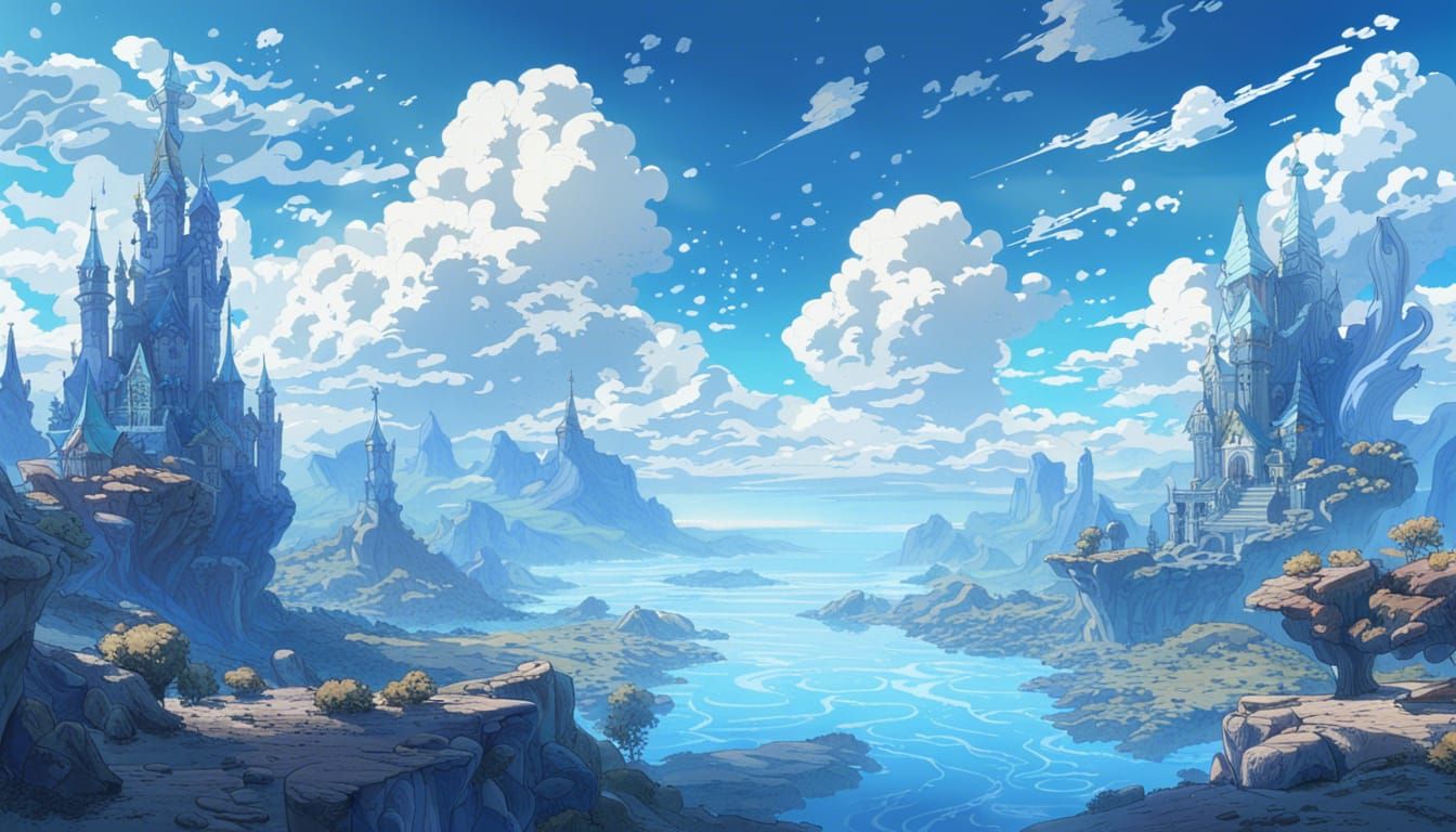 Blue Fantasy Anime Landscape with Ornate Details