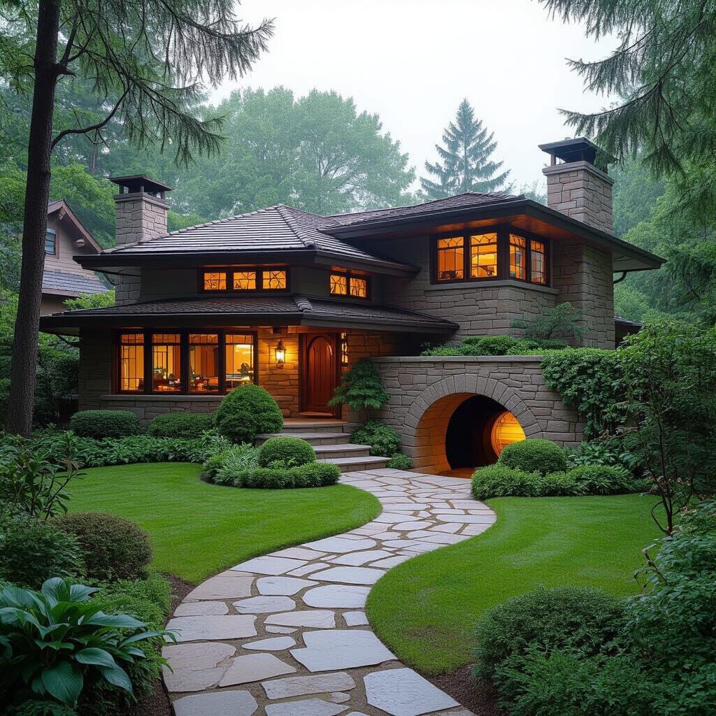 Suburban House with Underground Entrance in Wright Style