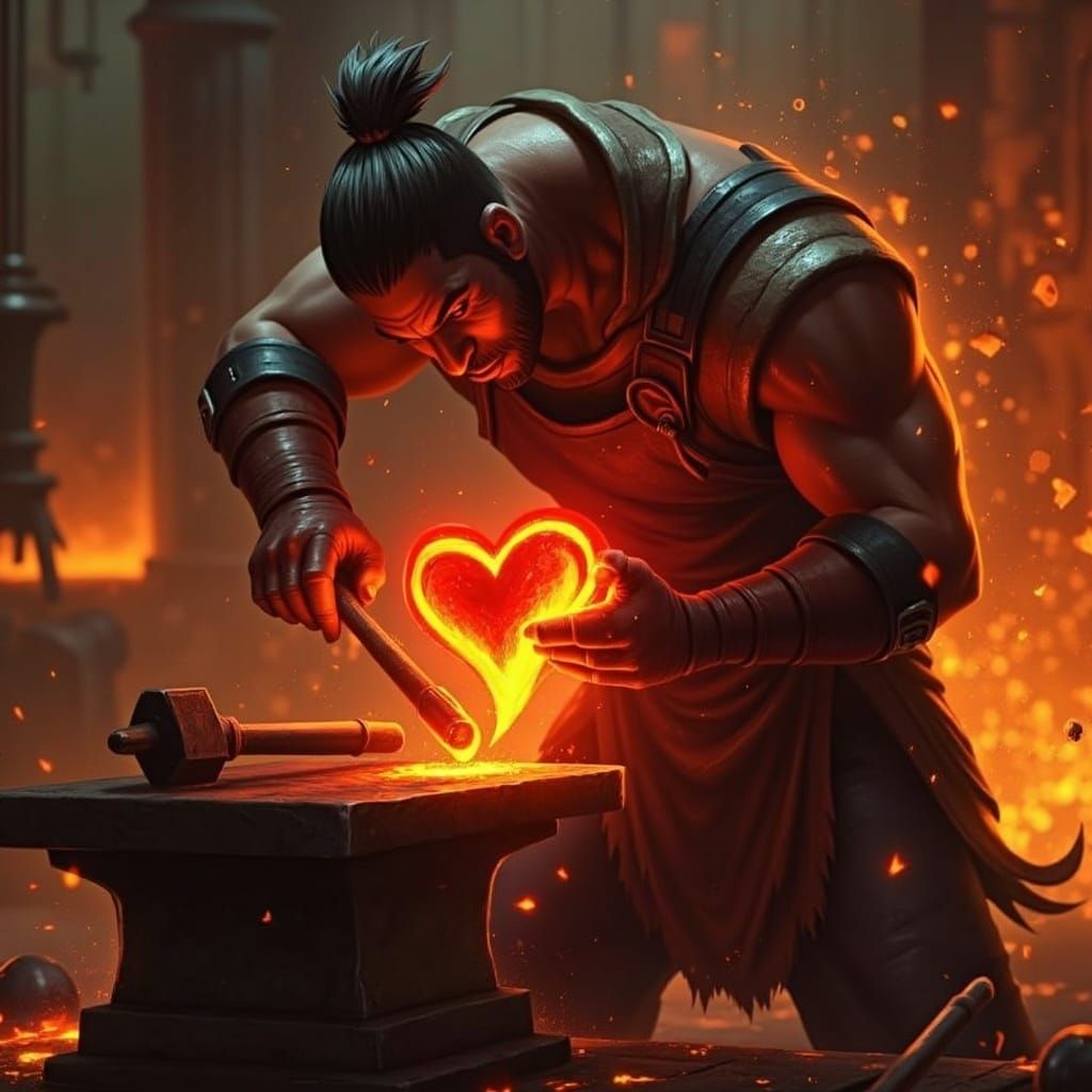 Blacksmith Forging a Heart in Industrial Futurism Style