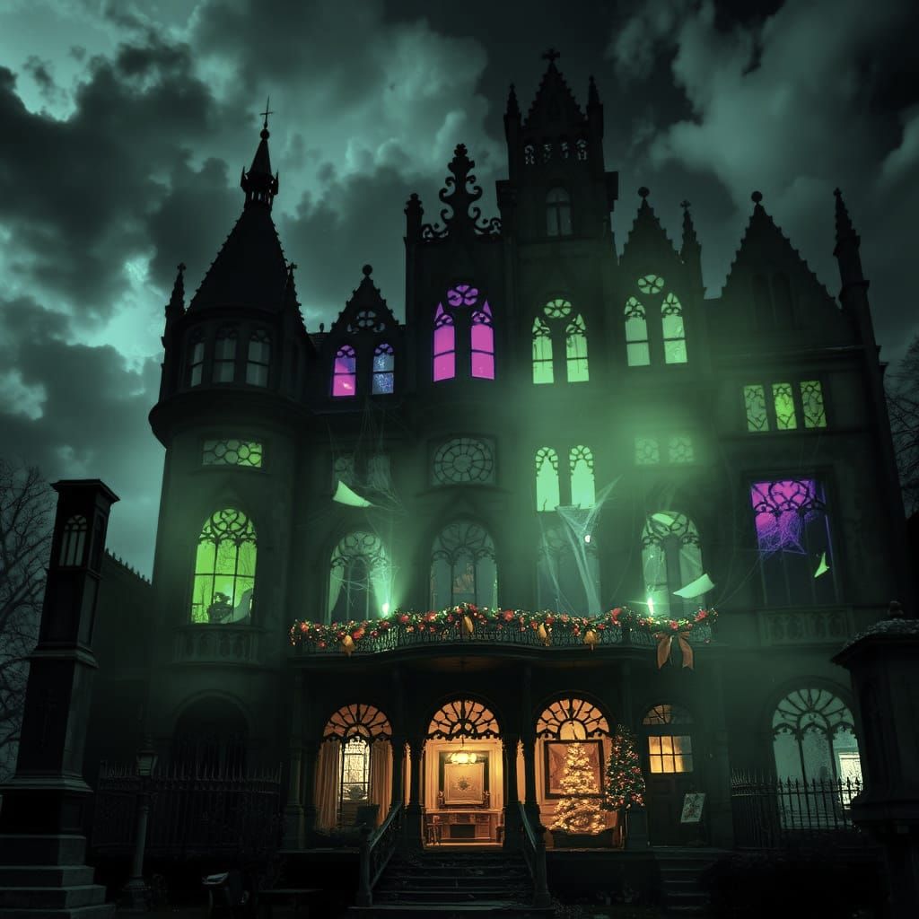 Abandoned Haunted Mansion with Christmas Lights