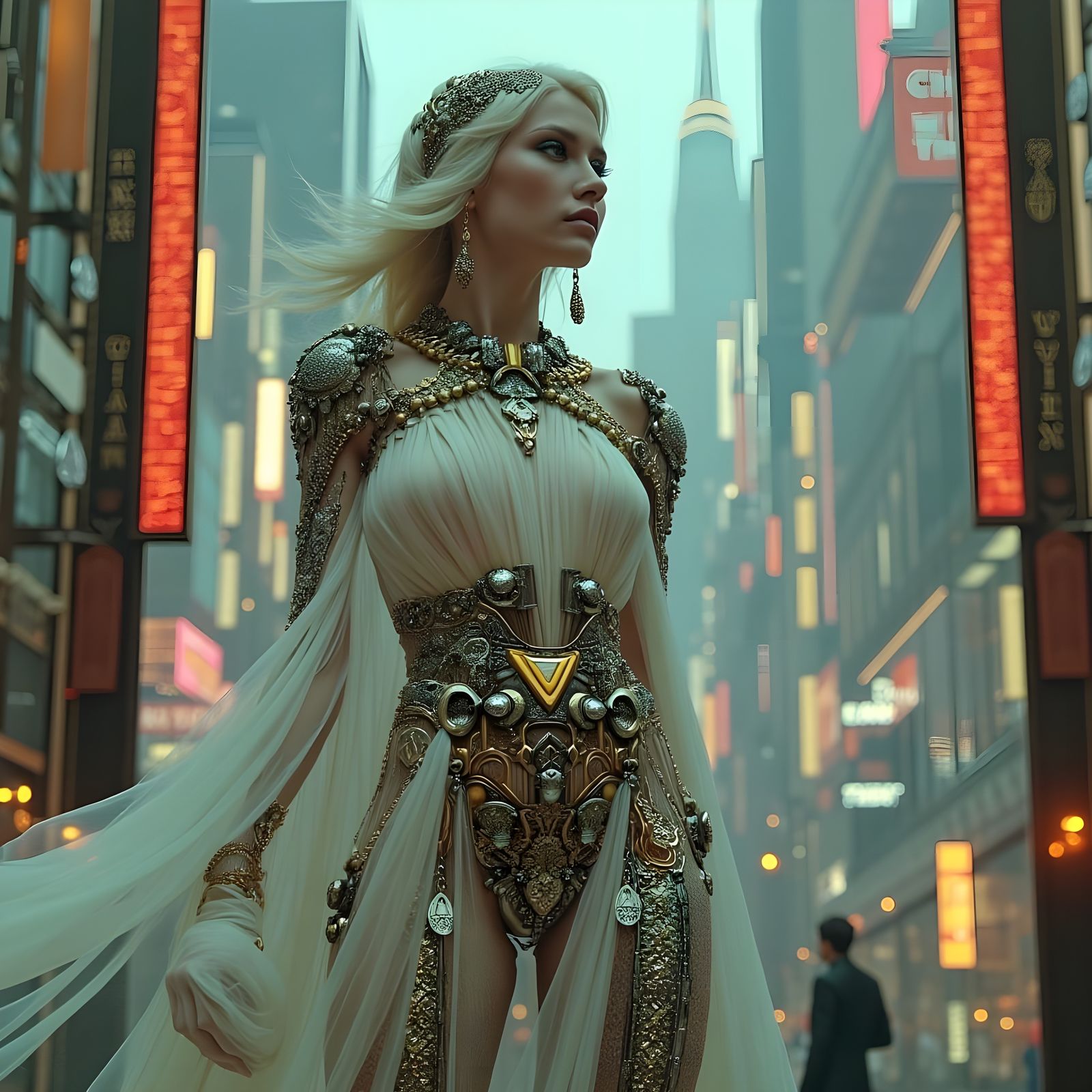 Cyberpunk Goddess in Ancient Greek Elegance