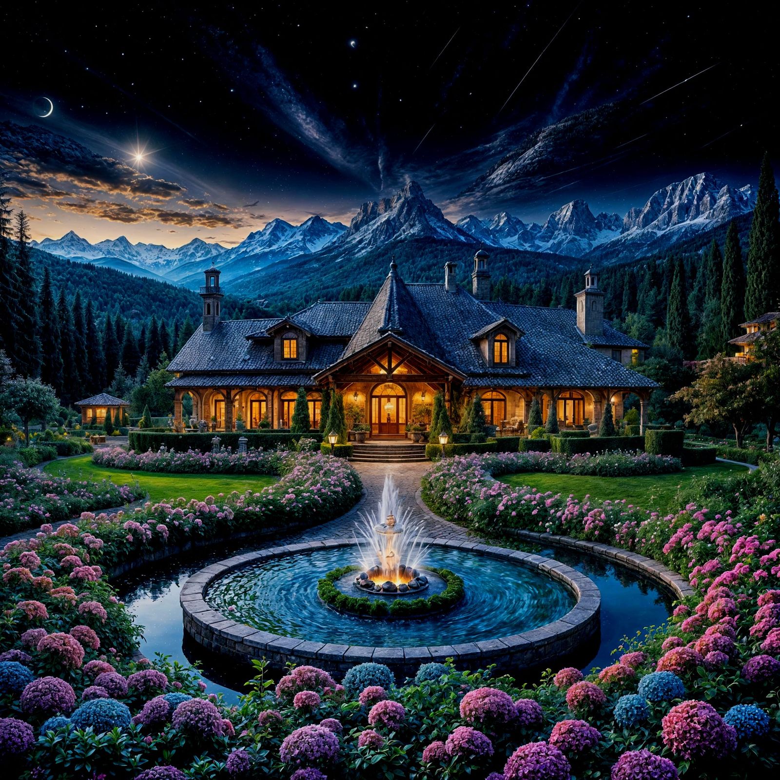 Italian Villa at Night with Snow-Capped Mountains