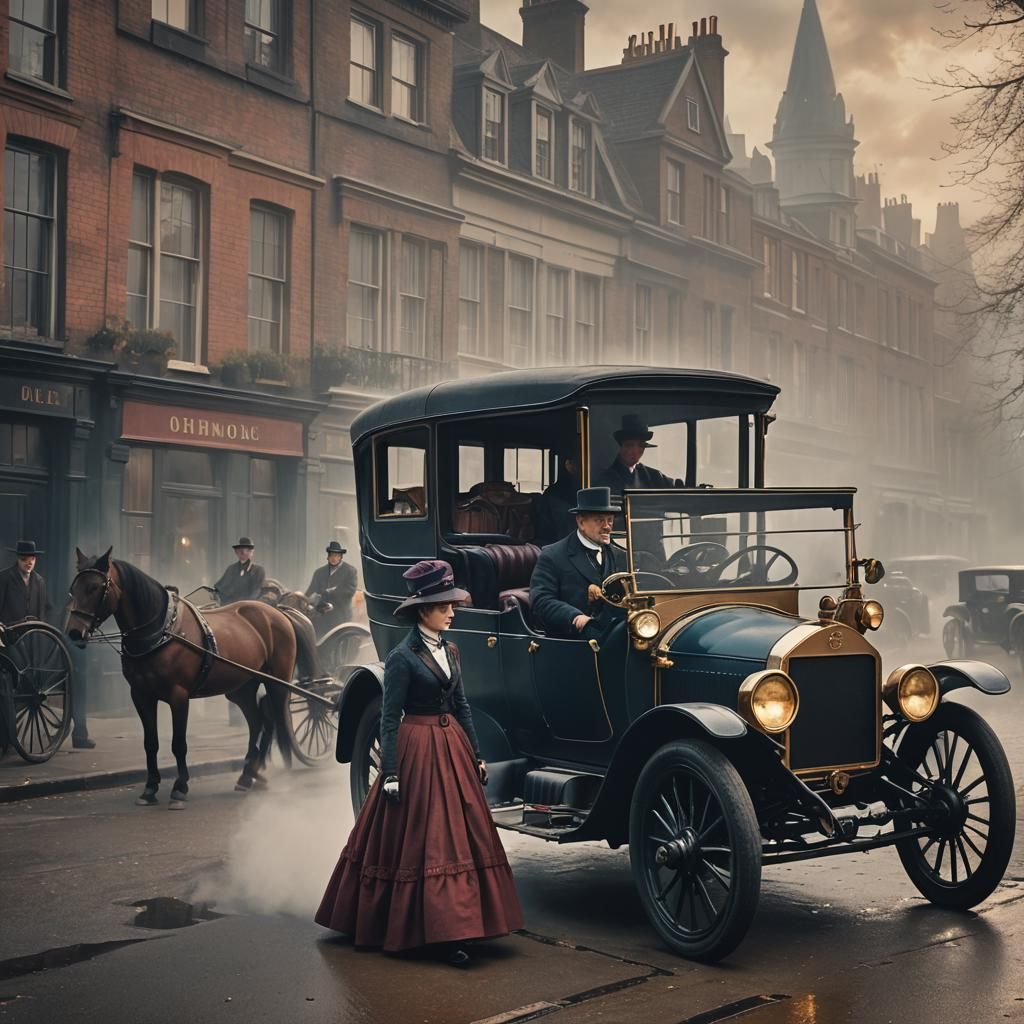 Victorian Woman and Car in London, Digital Painting