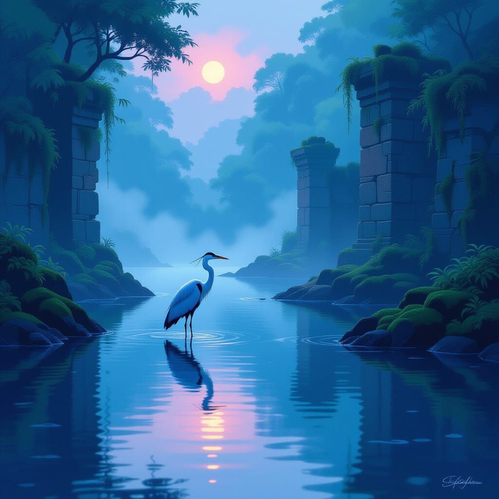 Solitary Heron in Misty Cove with Ancient Ruins