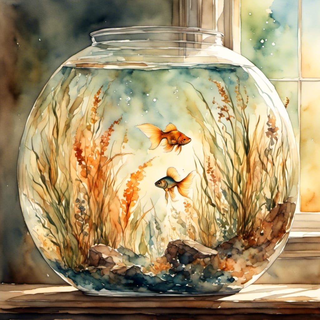 Goldfish in Bowl: Watercolor Painting in Morning Light