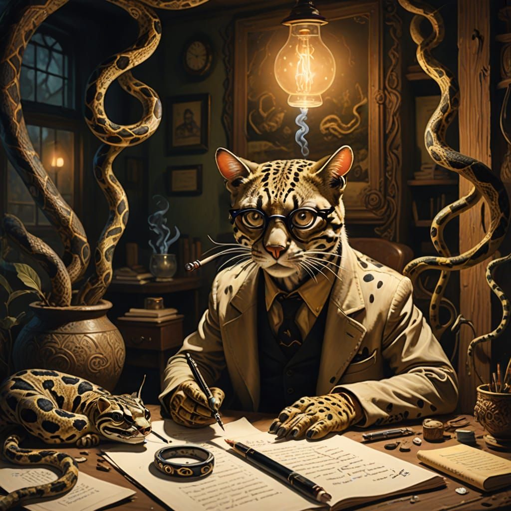Surreal Ocelot Paints Den with Snake Observer