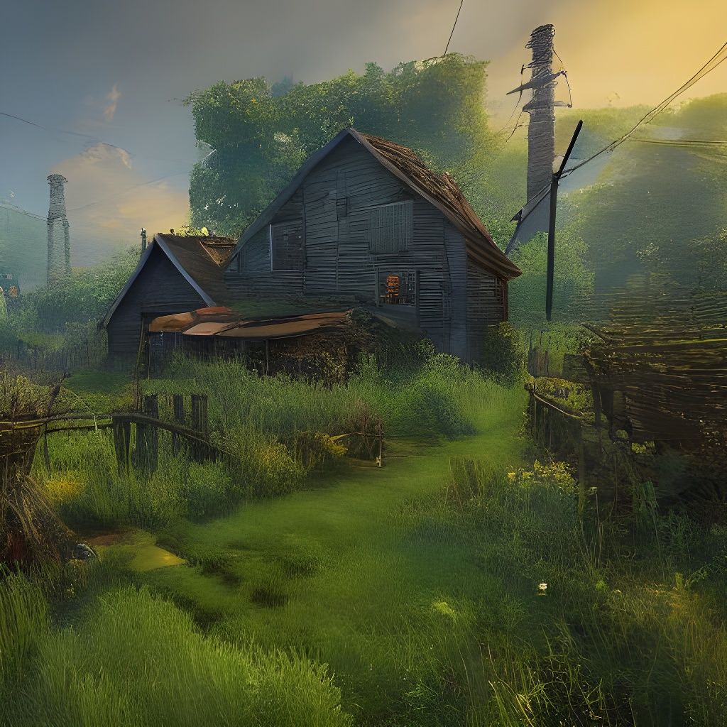 junk village abondend houses vines overgrown and old wood ...