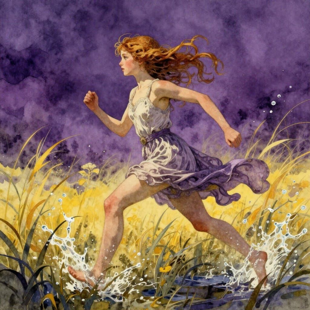 Girl Running Through Field in Watercolor Style