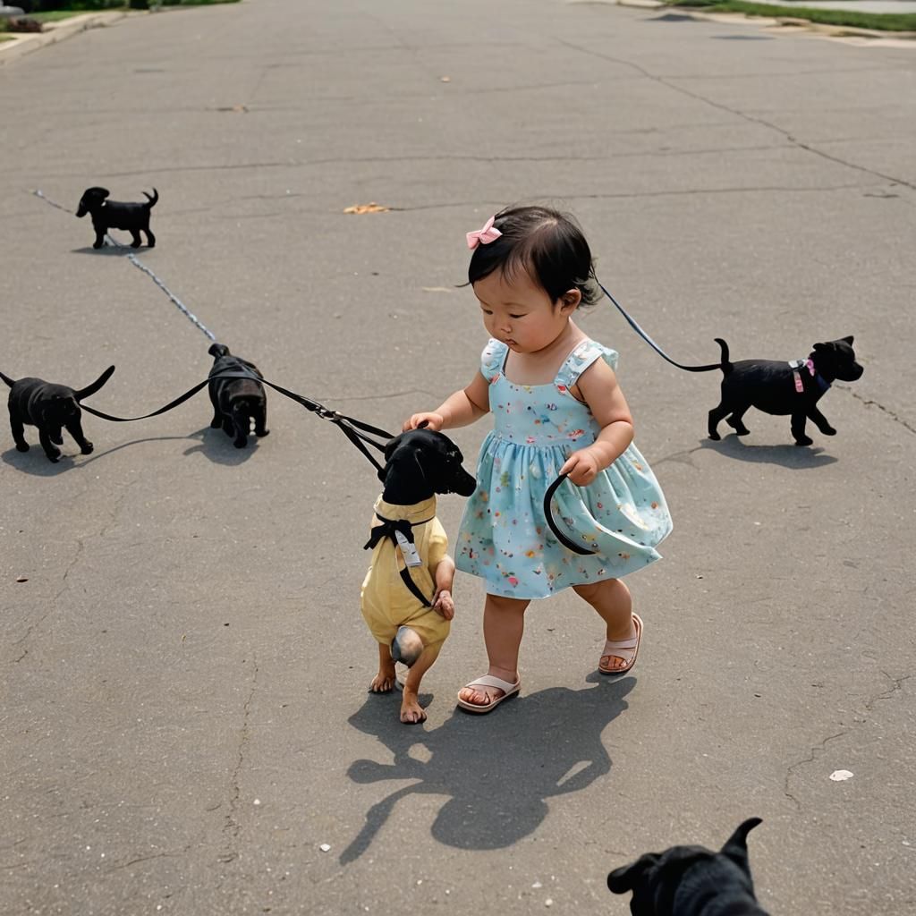 Asian Toddler Girl Walks Black Lab Puppy