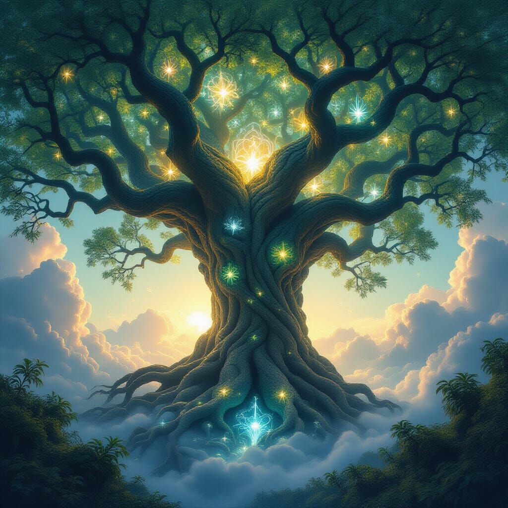 Ancient tree with roots that delve into the fabric of realit...