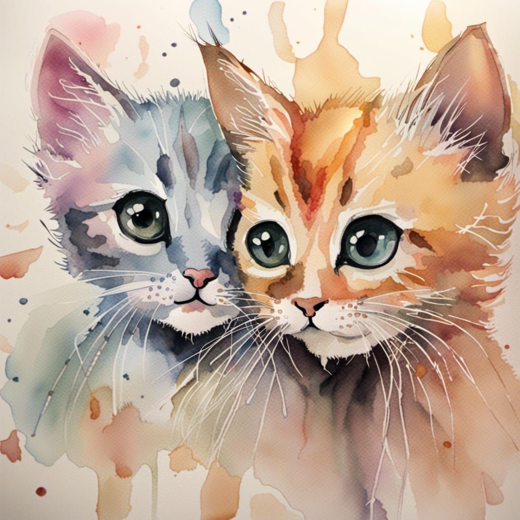 Whimsical Watercolor Kittens with Big Eyes