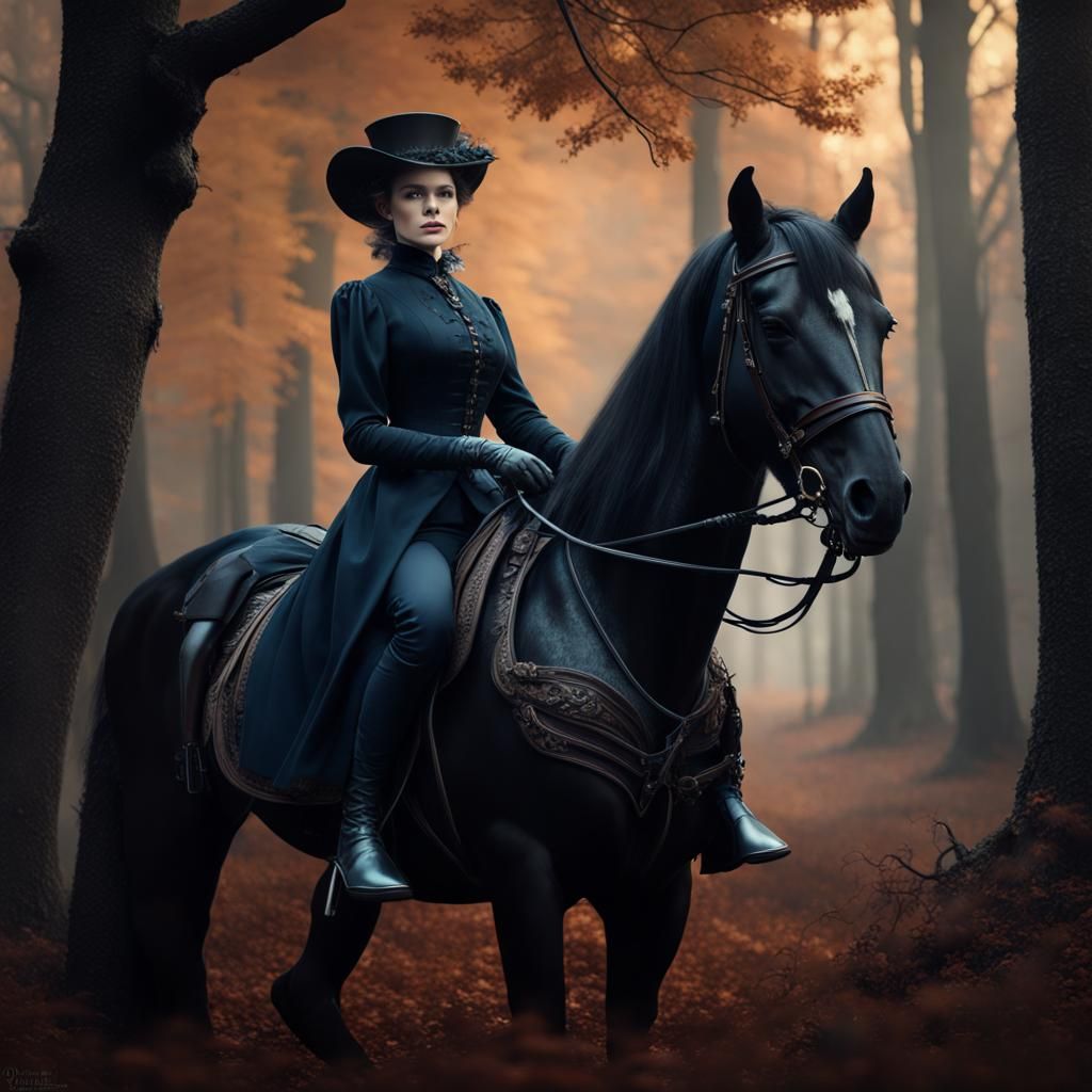 Victorian Lady on Black Stallion in Forest