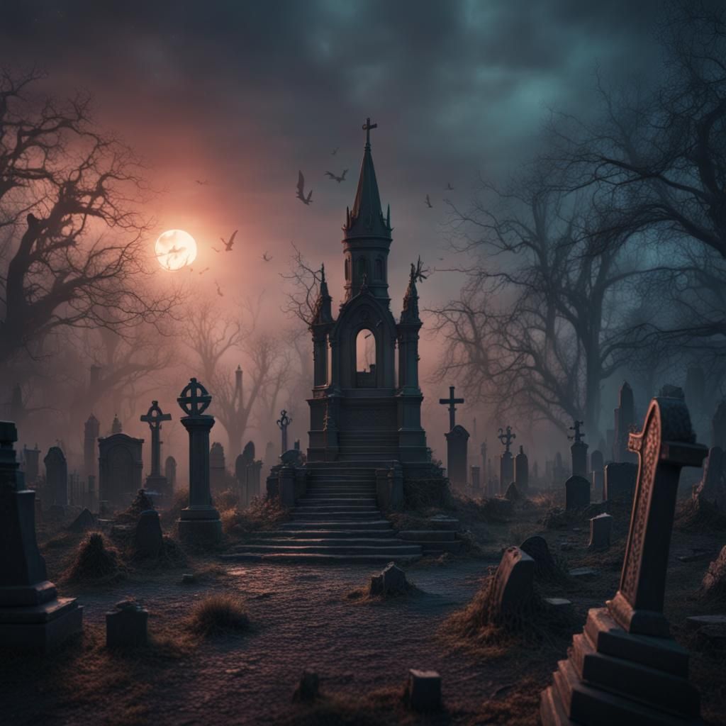 Creepy Graveyard: Detailed Matte Painting in Deep Color