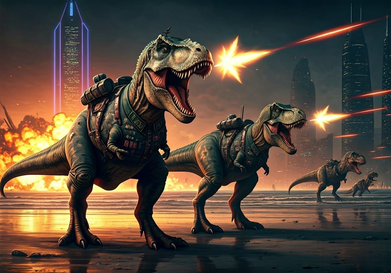 Epic Cyberpunk Battle of Mutant T-Rex Warriors