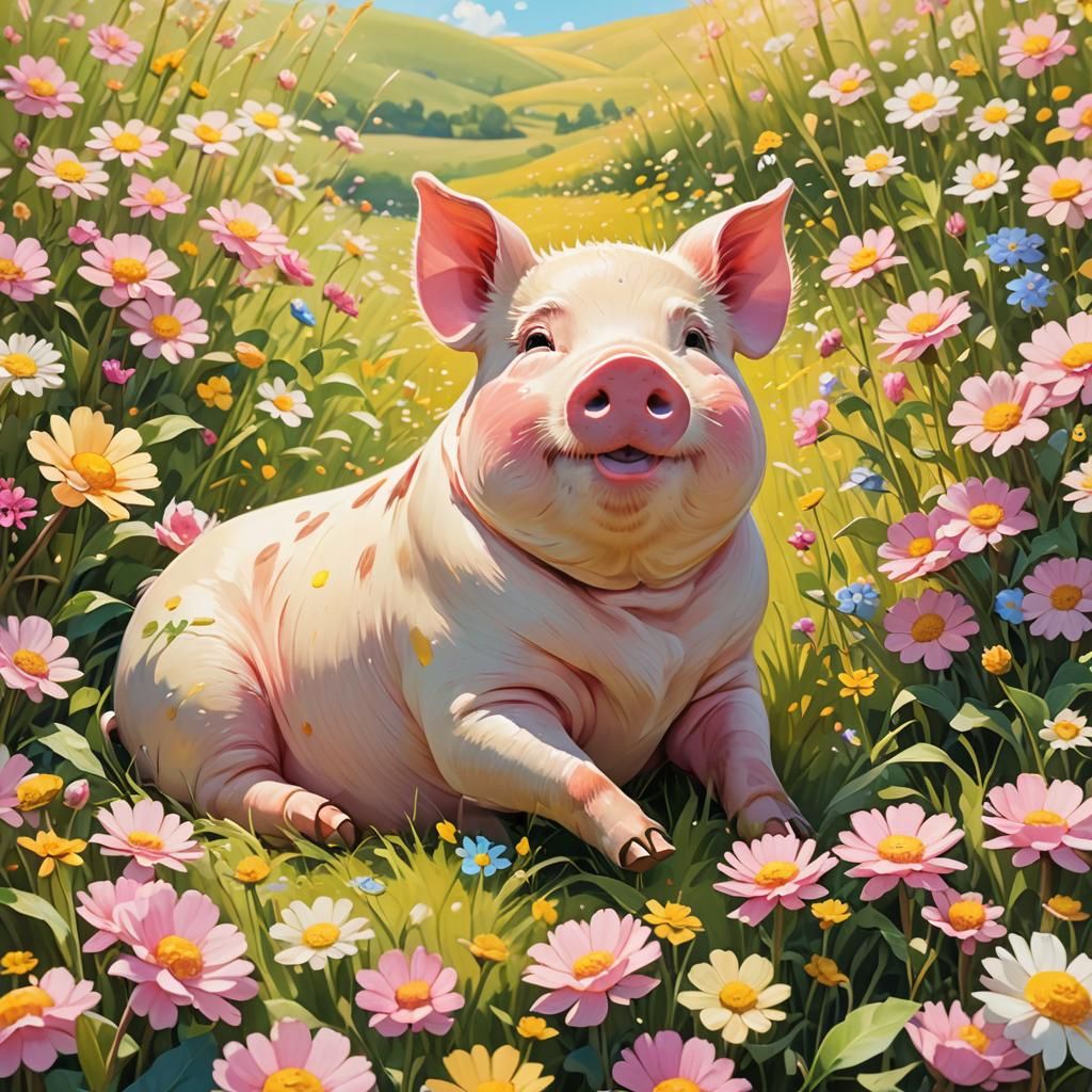 Happy Pig in Sunny Field: Vibrant Anime 3D Art