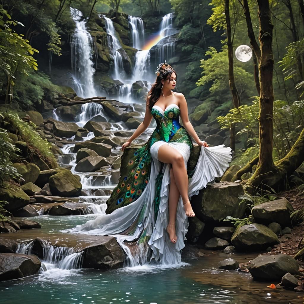 Curvy Women Bathe in Waterfall Under Moonlight