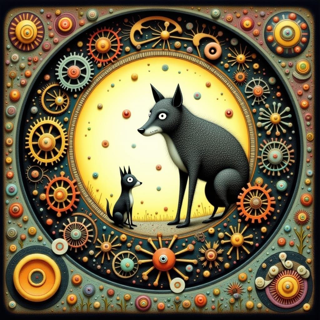 Chibi Wolves in Antique Clockwork, Whimsical Scene