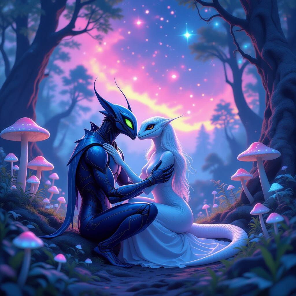 Mantis and Lizard Couple in Enchanted Mushroom Forest