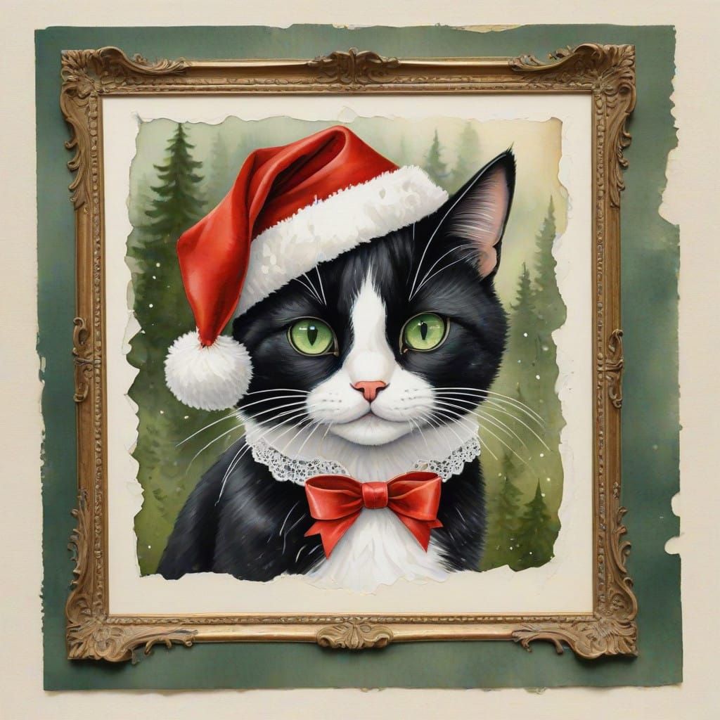 Vintage Christmas Chibi Cat in Watercolor