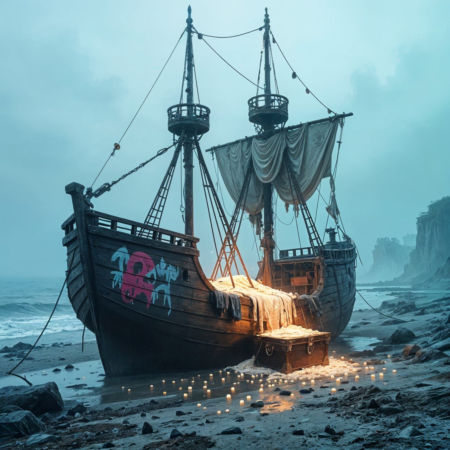 Sunken Caravel on Misty Shore in Graffiti Art