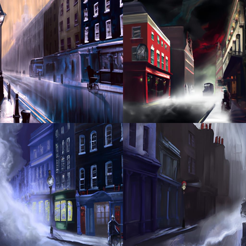 Misty London Street Scene in Hyperrealistic Splash Art