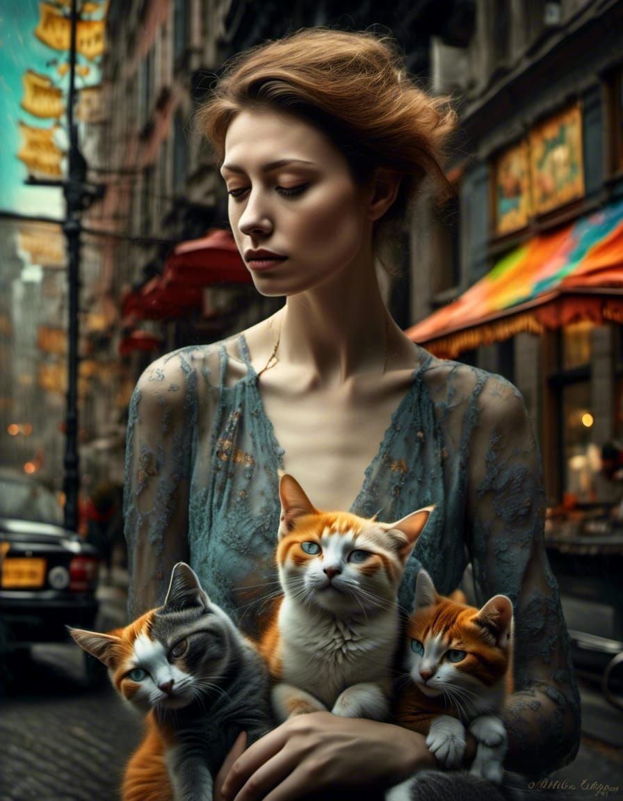 Polychromatic Abstract Cityscape with Alien Pets, Matte Pain...