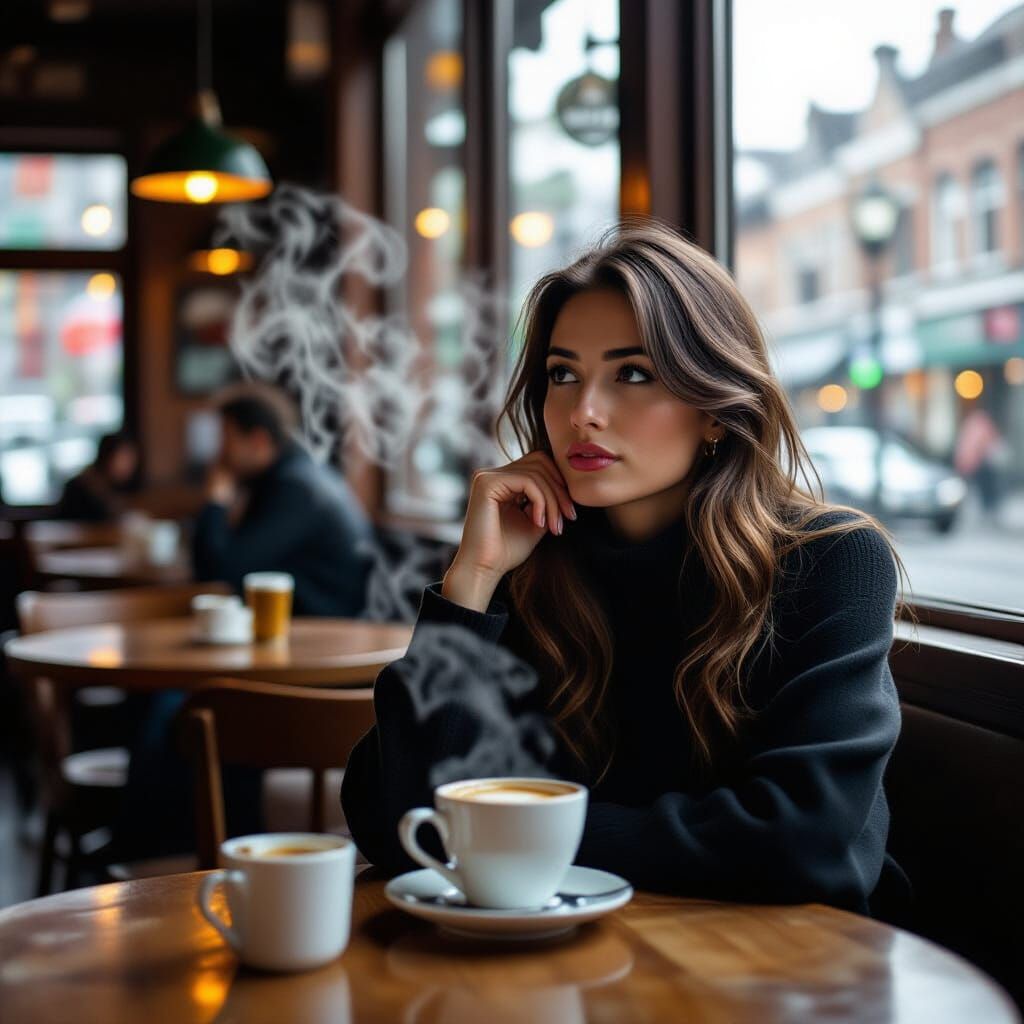 Woman in Cafe with Steaming Coffee: Photorealistic Style