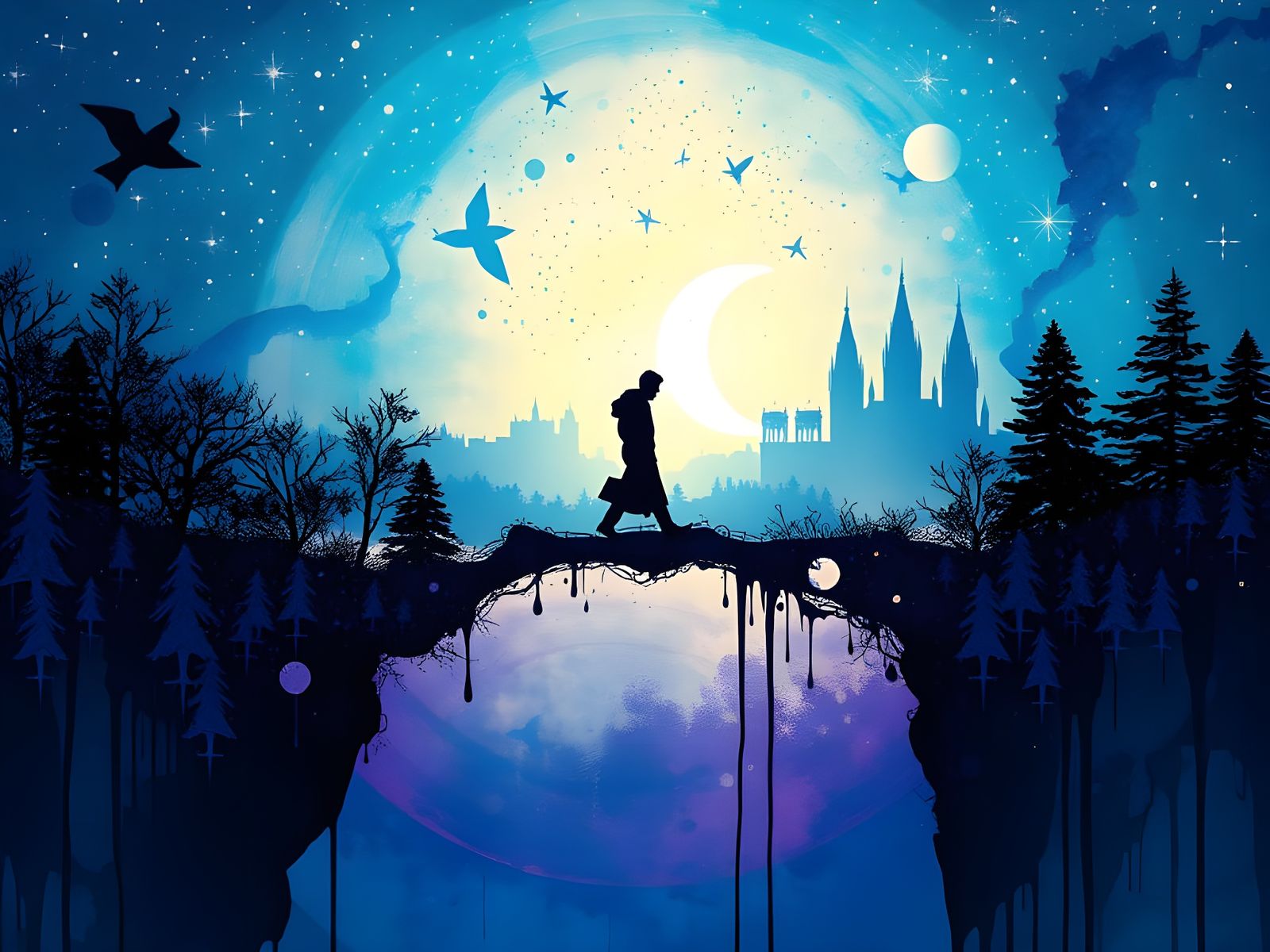 Dreamy Silhouette on a Glowing Bridge in Whimsical Forest an...