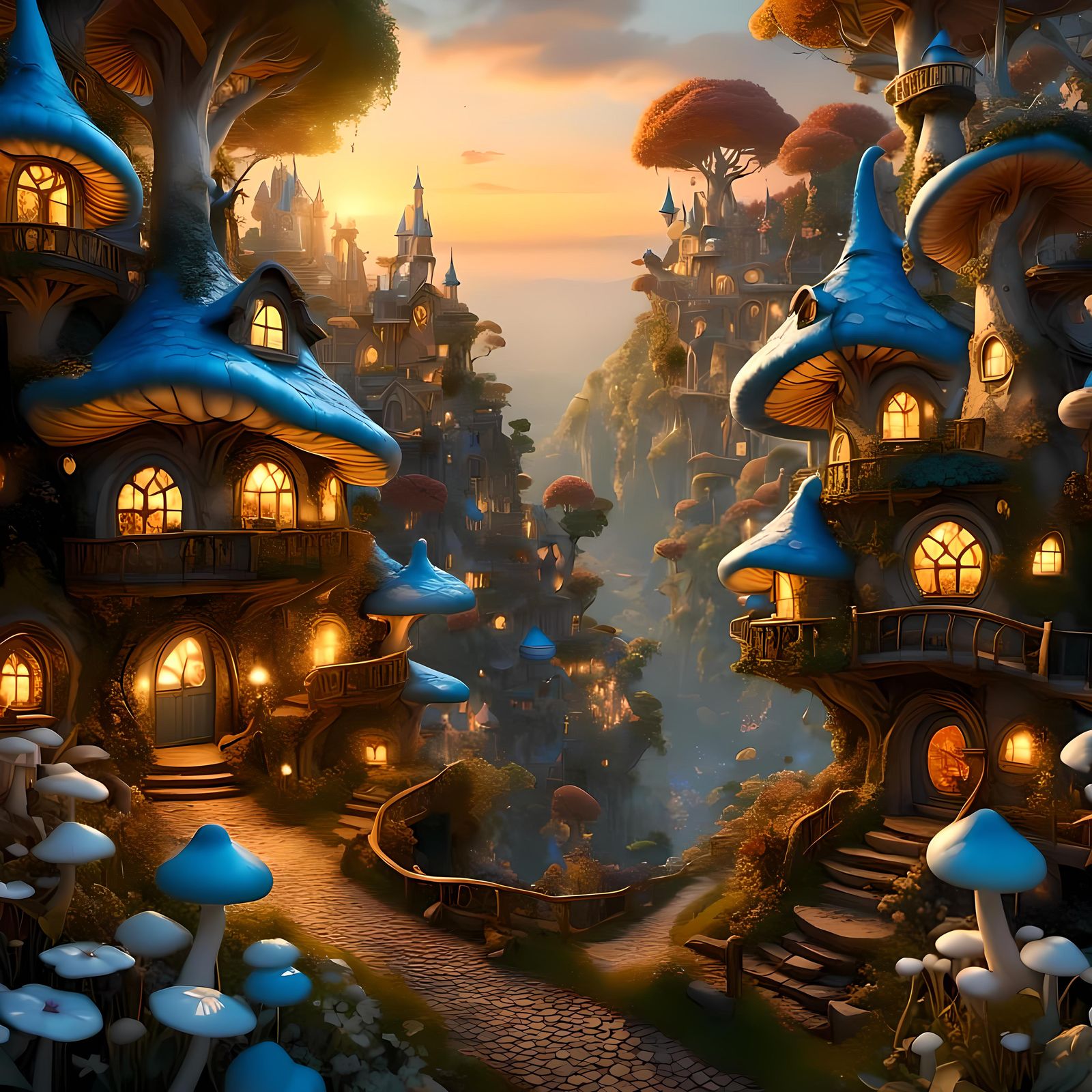 Smurf Village at Sunset, Fairyland Illustration