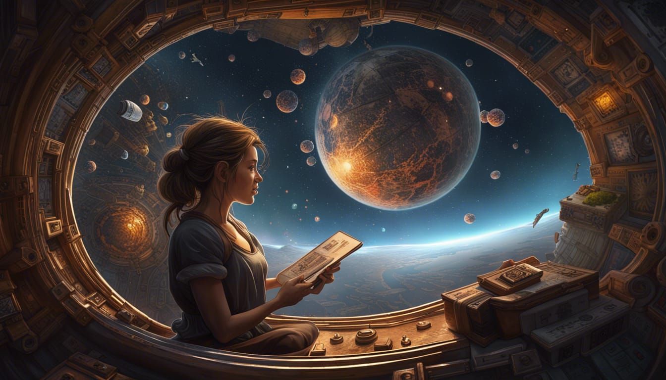 Girl Painting on Spaceship with Planets: Detailed Line Art