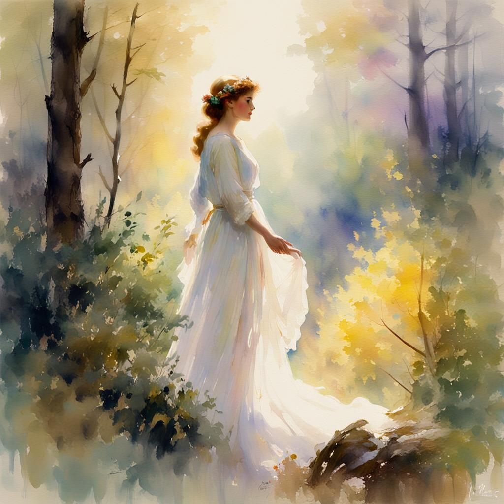 Ethereal Woman in Misty Forest Watercolor Painting