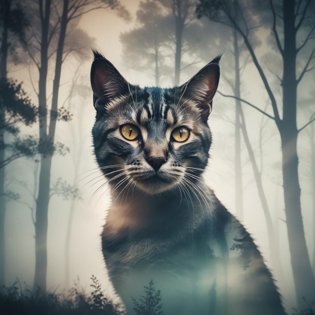 Double Exposure Cat Portrait in Wildlife Landscape