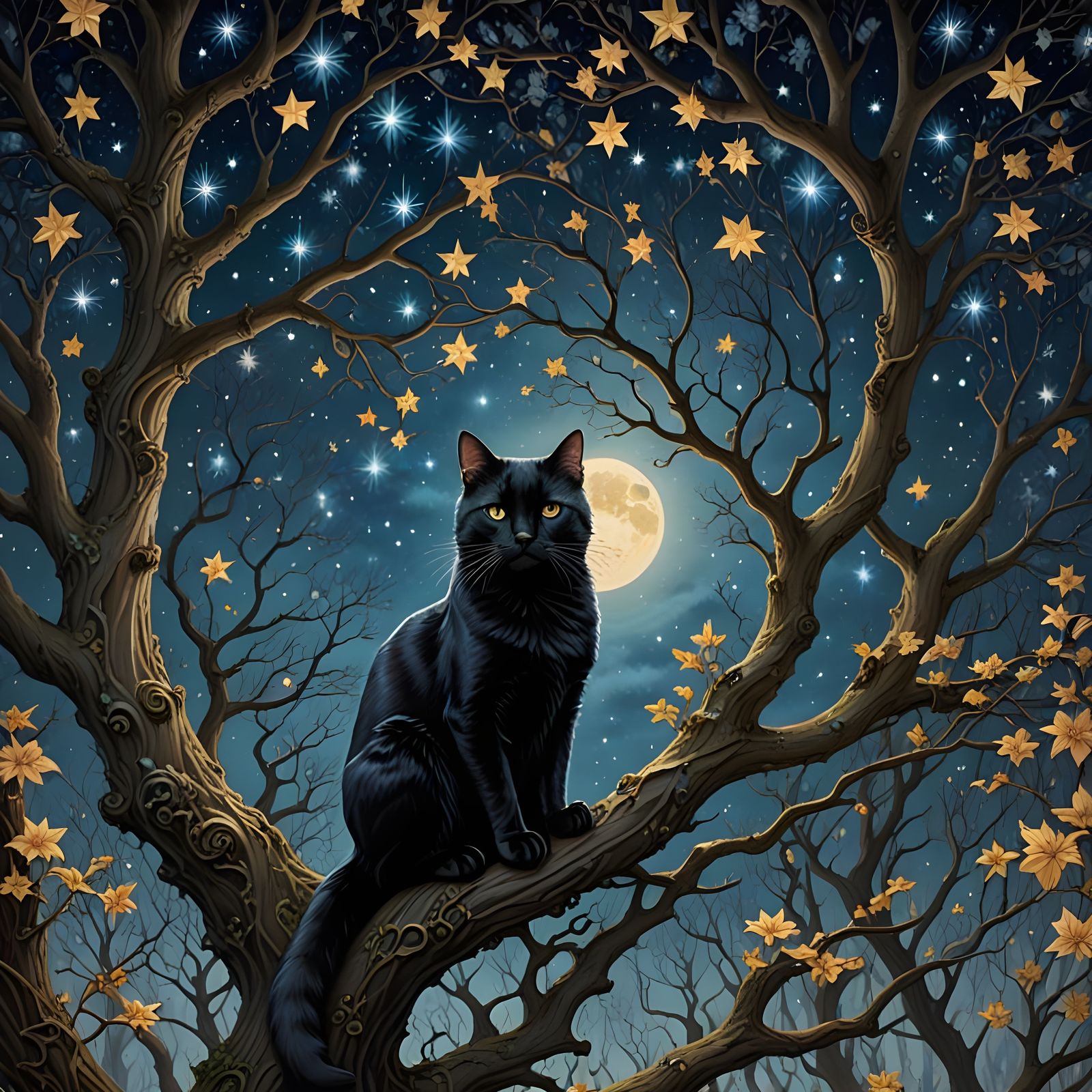 Mystical Black Cat Under Starry Sky