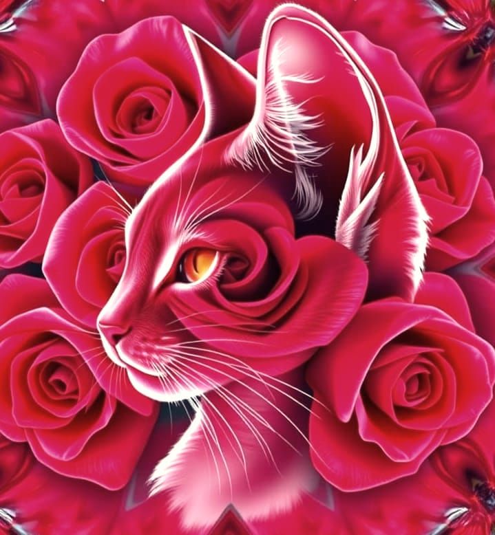 Vibrant Roses Swirl Around a Cat's Silhouette