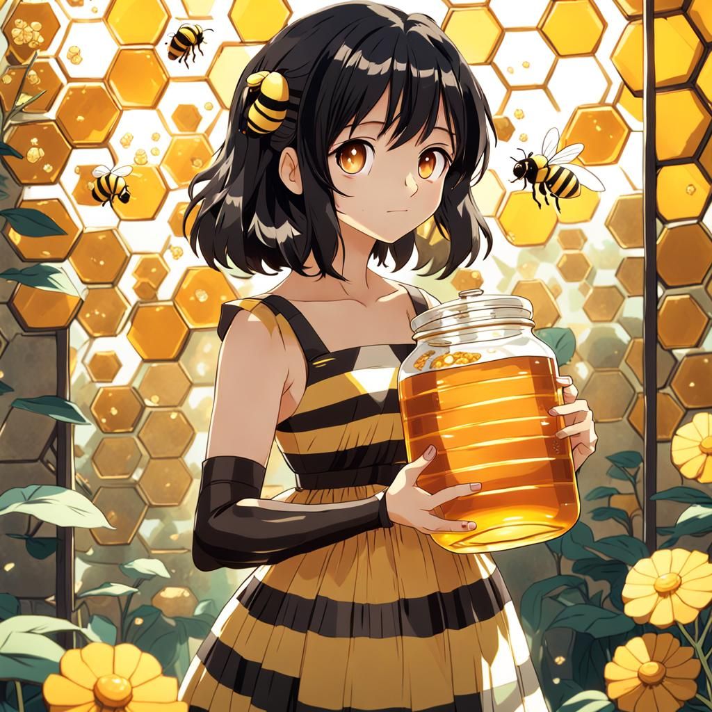 Anime Girl in Bee Dress with Honeycomb Background