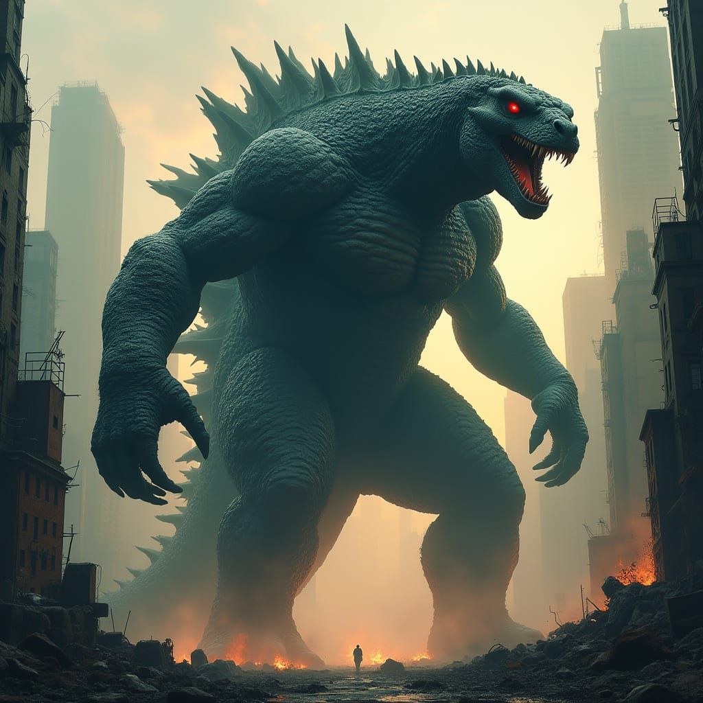 Godzilla-King Kong Hybrid Reigns Over a Ruined Cityscape