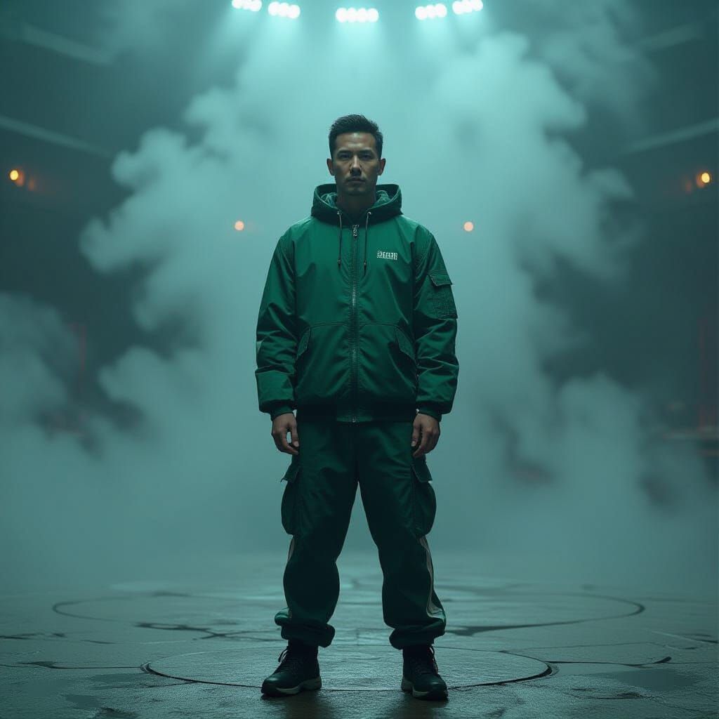 Gi-hun in Eerie Arena with Dystopian Aesthetic