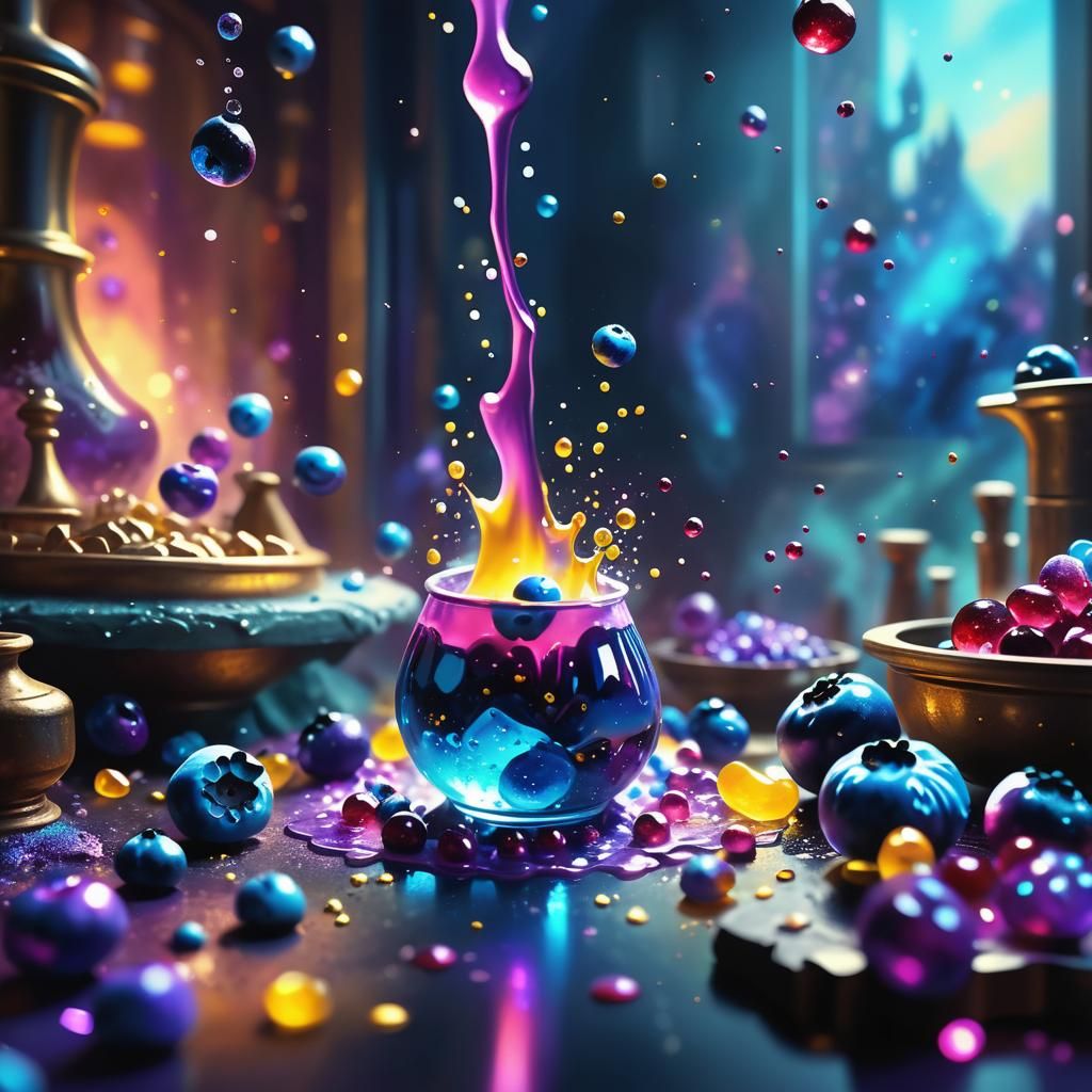 Blueberry Candy Explosion in Alchemist Lab: Oil Painting