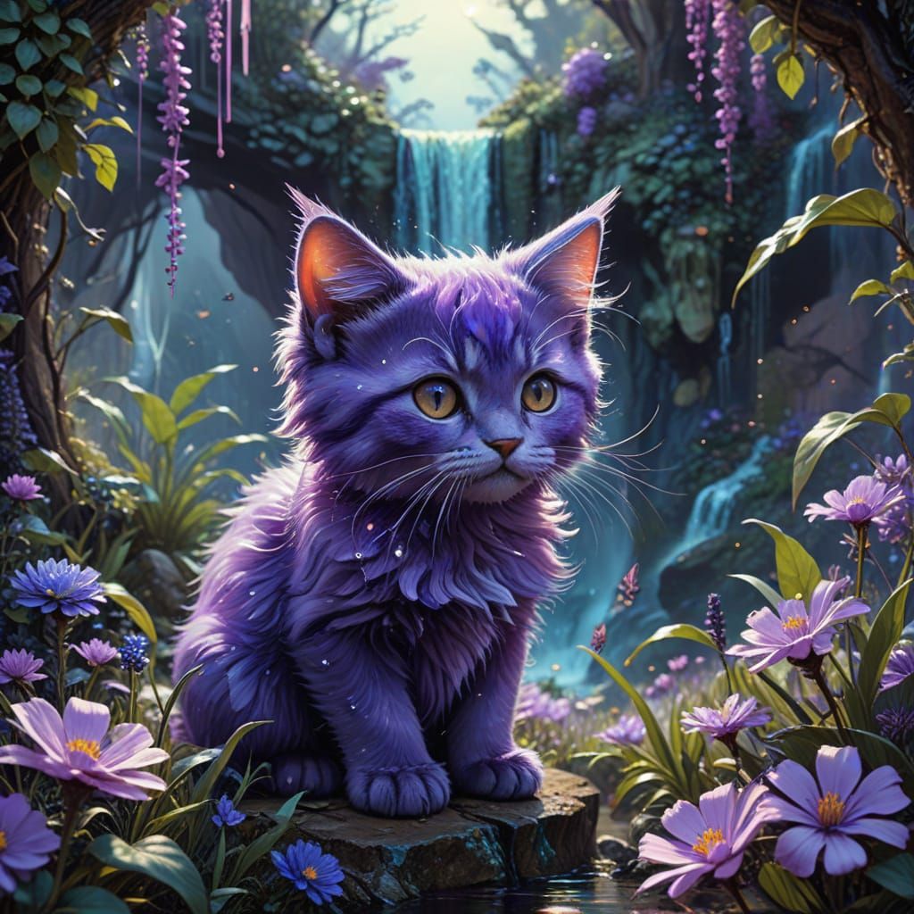 Regal Purple Kitten in Tropical Paradise, Impasto Watercolor...