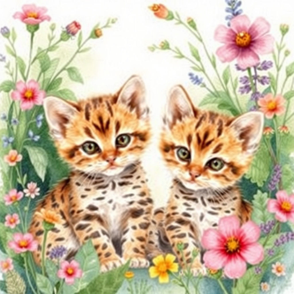 Whimsical Savannah Kittens in Watercolor Style