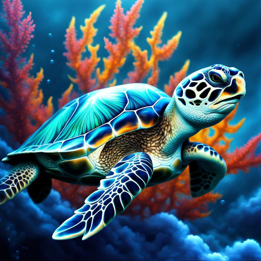 Adorable Sea Turtle in Fractal Cloudscape, Digital Art