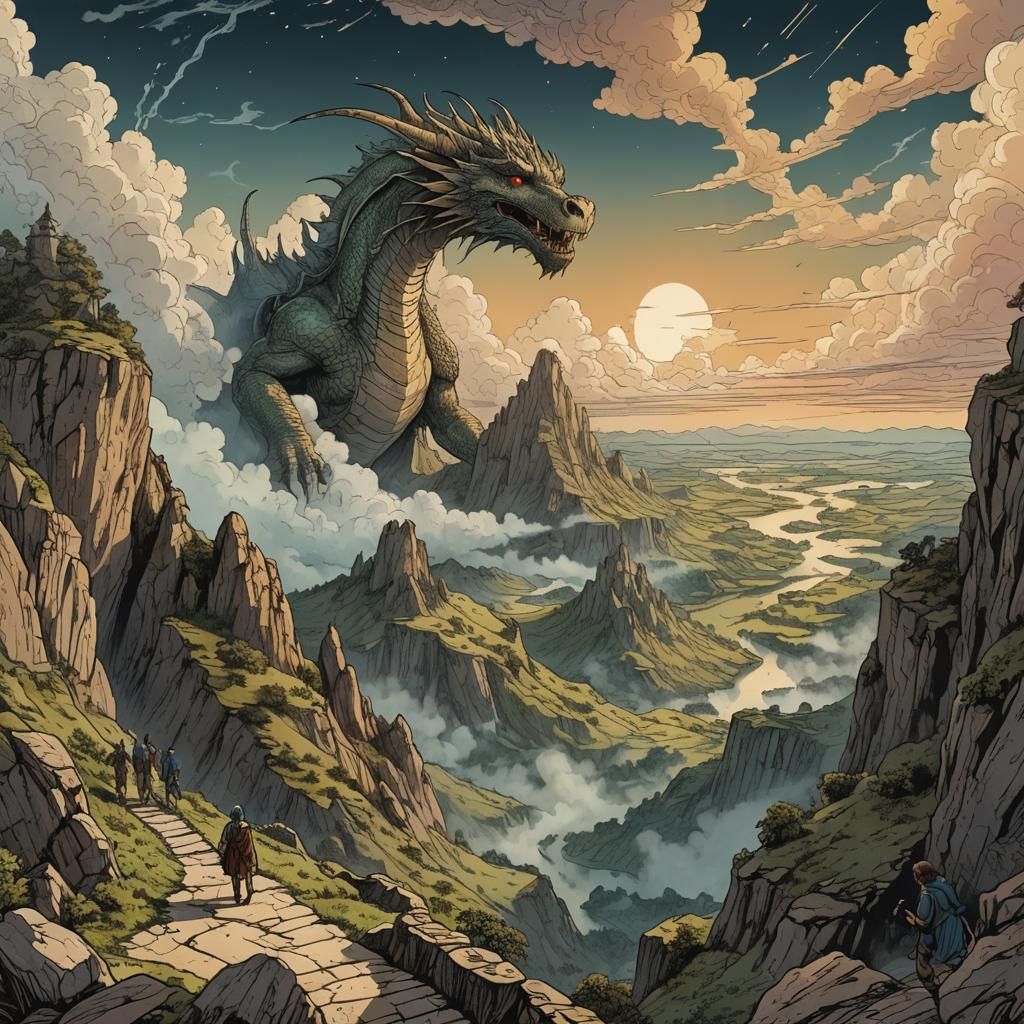 Dragon on Hill: Retro Dungeons and Dragons Illustration
