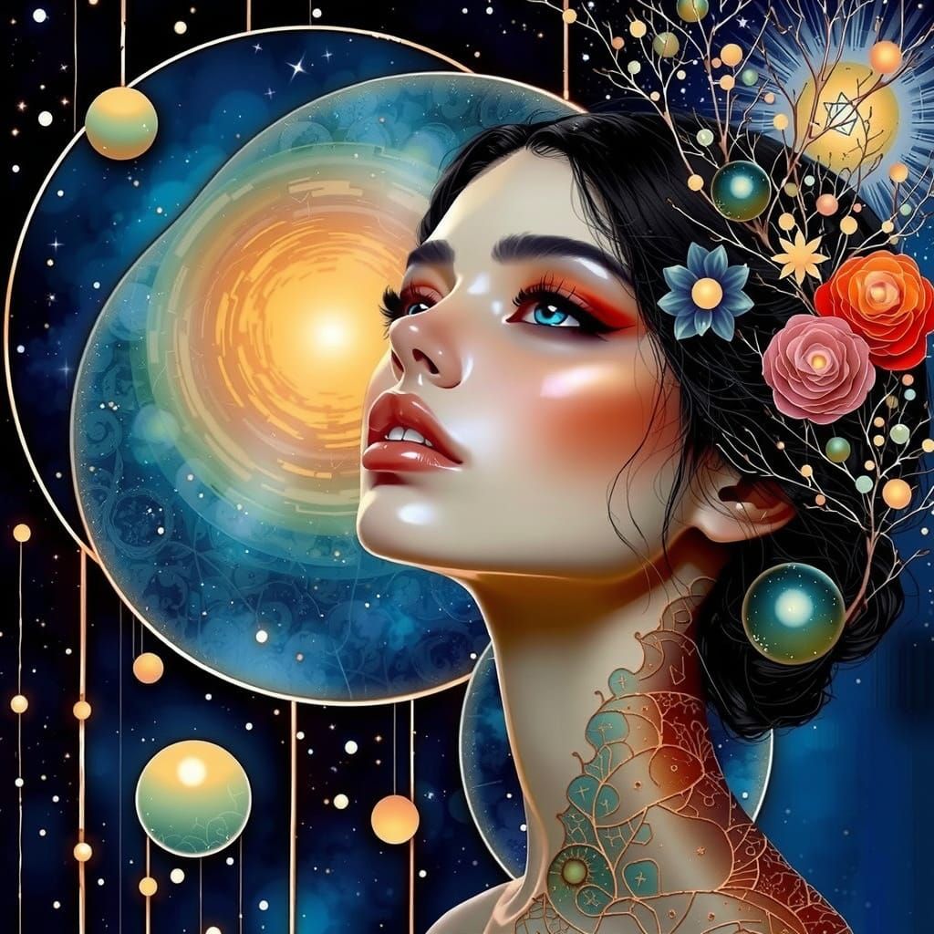 Ethereal Woman Gazing into Cosmic Tapestry in Vibrant Hues